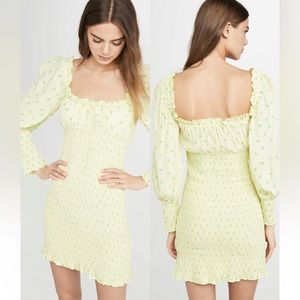 NWT Faithfull The Brand Yellow Smocked Gombardy Dress Green Floral Detail